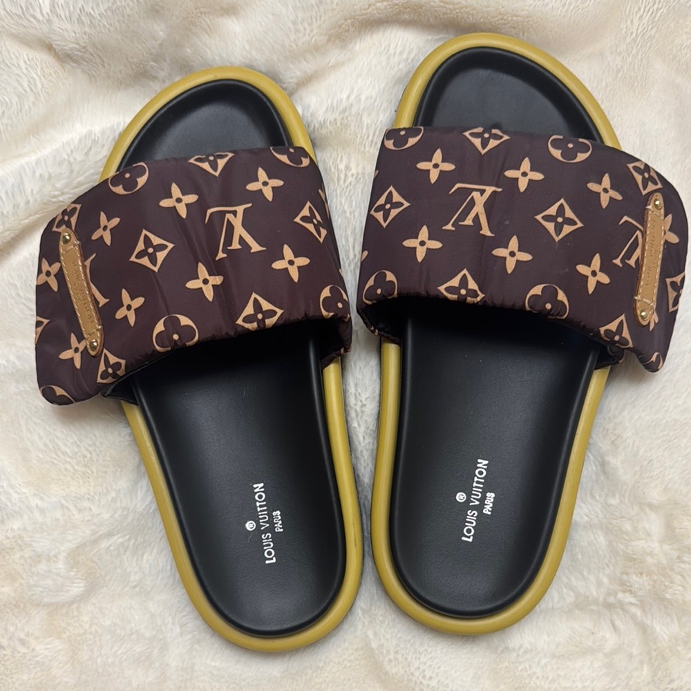 Louis Vuitton Brown and Gold Slides